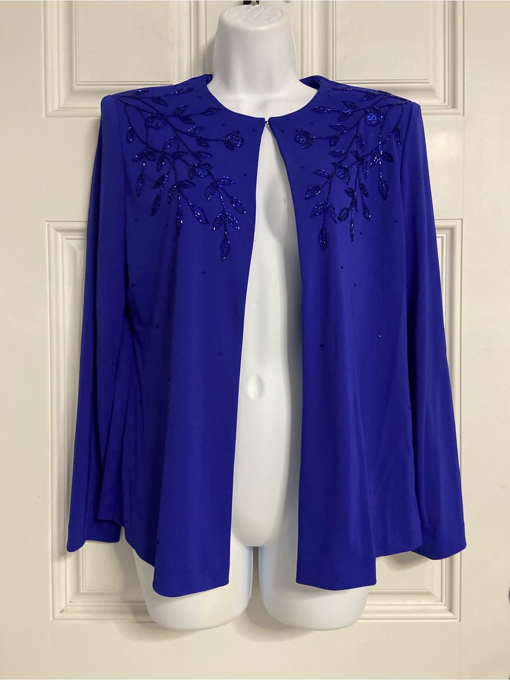 ALEX EVENINGS Classy Royal Blue Beaded Flower Open-Front Knit Blazer Jacket